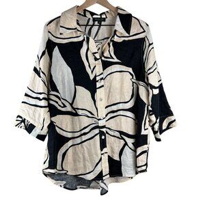 Rachel Zoe Cream Black Printed Linen Blend Button Down Shirt